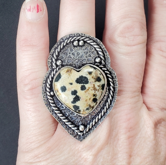 New Heart Shaped Dalmatian Jasper 925 Silver Statement Ring. - Picture 1 of 14